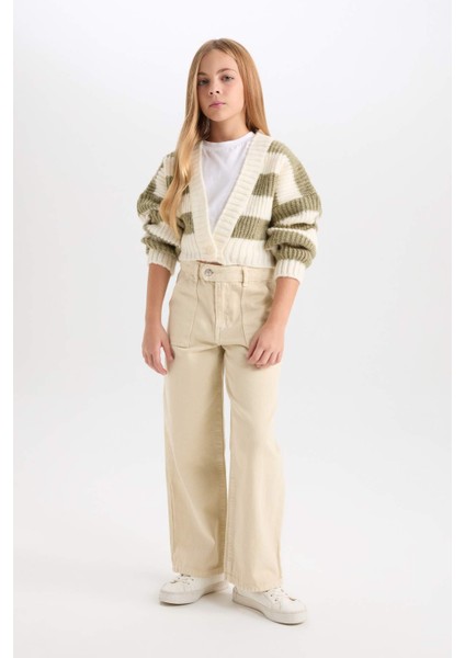 Kız Çocuk V Yaka Çizgili Düğmeli Triko Hırka C9662A824WN