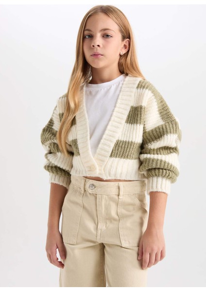 Kız Çocuk V Yaka Çizgili Düğmeli Triko Hırka C9662A824WN