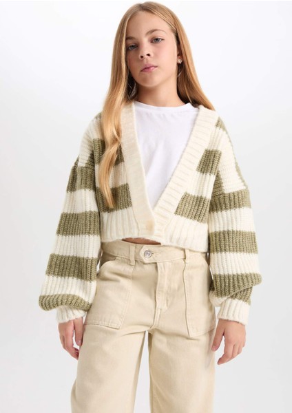 Kız Çocuk V Yaka Çizgili Düğmeli Triko Hırka C9662A824WN