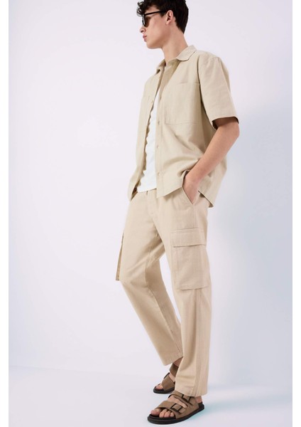 Wide Leg Bol Rahat Kesim Kargo Cepli Keten Görünümlü Yazlık Pantolon B9407AX24SM