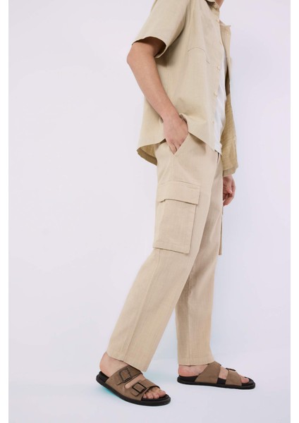 Wide Leg Bol Rahat Kesim Kargo Cepli Keten Görünümlü Yazlık Pantolon B9407AX24SM