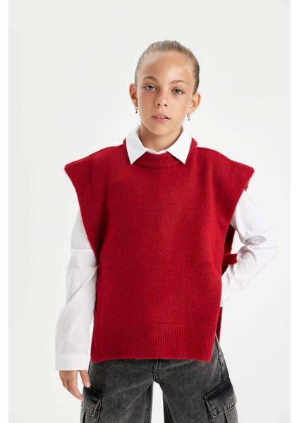 Kız Çocuk Kırmızı Bisiklet Yaka Basic Düz Triko Süveter C9660A824WN