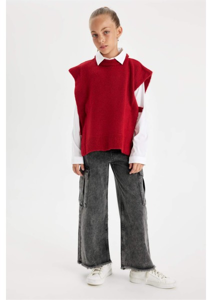Kız Çocuk Kırmızı Bisiklet Yaka Basic Düz Triko Süveter C9660A824WN