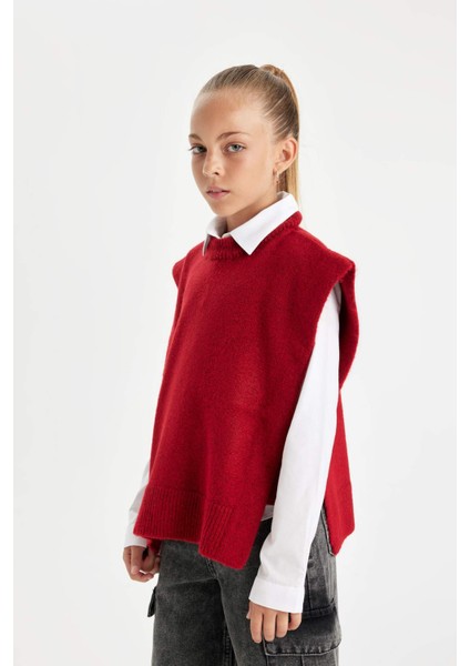 Kız Çocuk Kırmızı Bisiklet Yaka Basic Düz Triko Süveter C9660A824WN