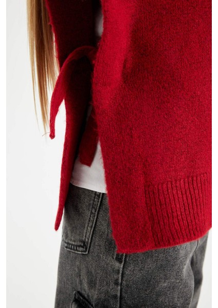 Kız Çocuk Kırmızı Bisiklet Yaka Basic Düz Triko Süveter C9660A824WN