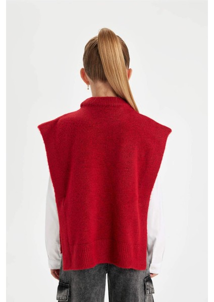 Kız Çocuk Kırmızı Bisiklet Yaka Basic Düz Triko Süveter C9660A824WN