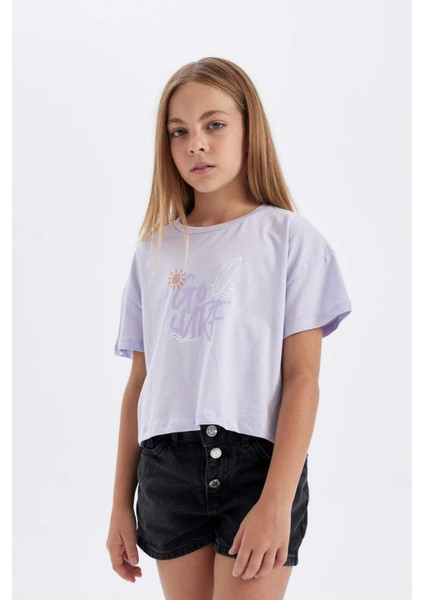 Kız Çocuk Crop Bisiklet Yaka Baskılı 2'li Kısa Kollu Tişört C5254A824SM