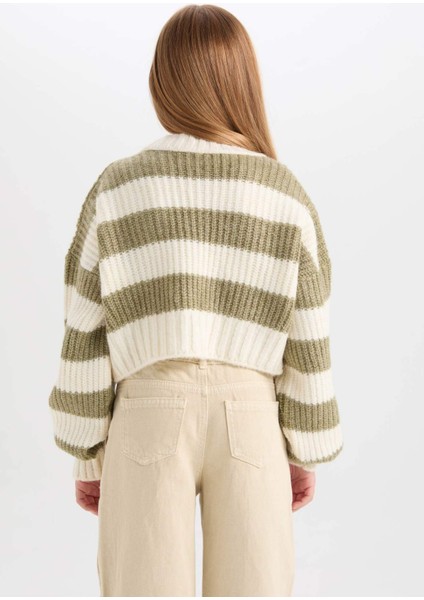 Kız Çocuk V Yaka Çizgili Düğmeli Triko Hırka C9662A824WN