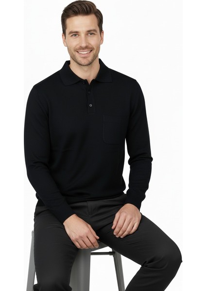 Erkek Kışlık Düz Renk Rahat Kesim Cepli Gömlek Yaka Ince Yün Kazak