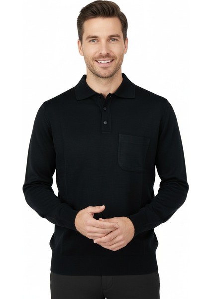 Erkek Uzun Kollu Polo Yaka Düz Renk Klasik Model Cepli Rahat Kesim Tam Kalıp Yünlü Dokuma Kazak