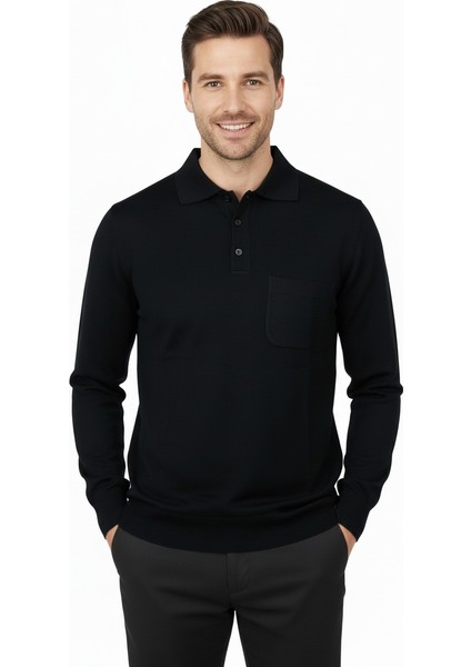 Erkek Uzun Kollu Polo Yaka Düz Renk Klasik Model Cepli Rahat Kesim Tam Kalıp Yünlü Dokuma Kazak modelleri