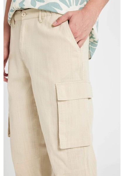 Wide Leg Bol Rahat Kesim Kargo Cepli Keten Görünümlü Yazlık Pantolon B9407AX24SM