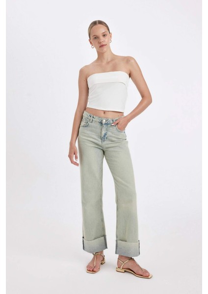 Straight Fit Yüksek Bel Katlamalı Paça Bilek Boy Jean Yıkamalı Pantolon D2965AX24HS
