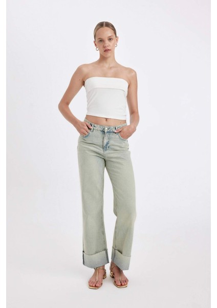 Straight Fit Yüksek Bel Katlamalı Paça Bilek Boy Jean Yıkamalı Pantolon D2965AX24HS