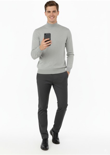 Erkek Kışlık Yarım Balıkçı Yaka Armalı Düz Renk Uzun Kollu Rahat Kesim Likralı Pamuklu Dokuma Kazak