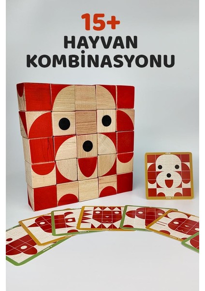 3 Boyutlu Hayvan Ahşap Küp Puzzle | Montessori Zeka Oyuncağı | 4+ Yaş | Eğitici Ahşap Küp Yapboz