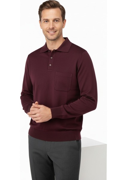 Erkek Kışlık Düz Renk Rahat Kesim Cepli Gömlek Yaka Ince Yün Kazak