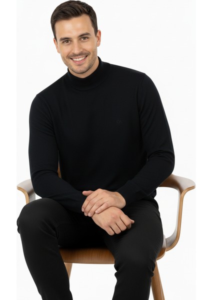 Erkek Kışlık Yarım Balıkçı Yaka Armalı Düz Renk Uzun Kollu Rahat Kesim Likralı Pamuklu Dokuma Kazak