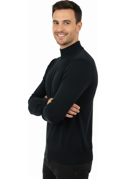 Erkek Kışlık Yarım Balıkçı Yaka Armalı Düz Renk Uzun Kollu Rahat Kesim Likralı Pamuklu Dokuma Kazak indirimleri