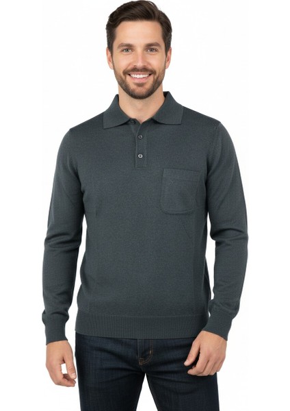 Erkek Kışlık Düz Renk Rahat Kesim Cepli Gömlek Yaka Ince Yün Kazak indirimleri