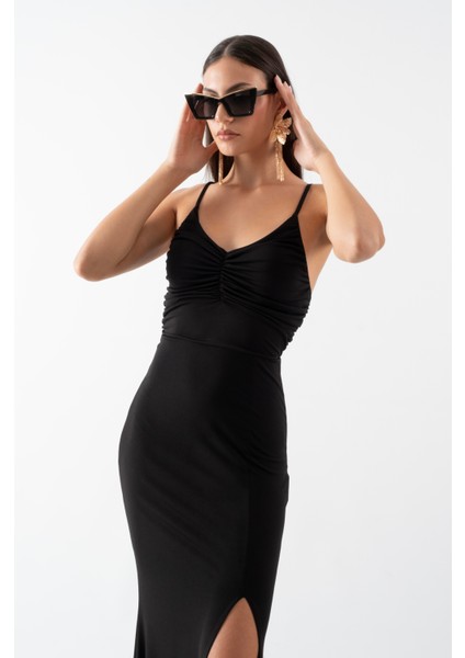 Robertson Ince Askılı V Yaka Göğüs Büzgülü Yırtmaçlı Uzun Abiye Elbise Siyah modelleri