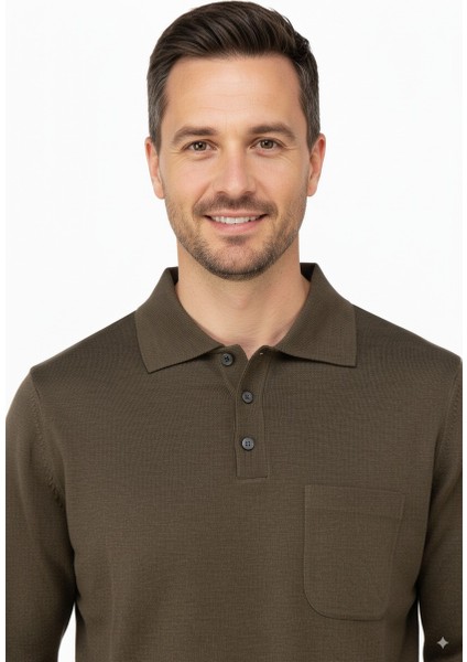Erkek Uzun Kollu Polo Yaka Düz Renk Klasik Model Cepli Rahat Kesim Tam Kalıp Yünlü Dokuma Kazak fırsatları