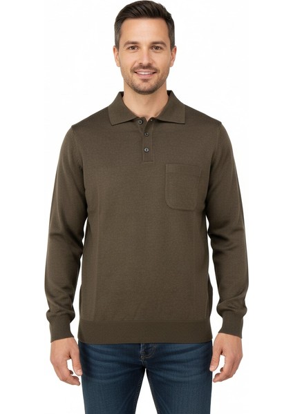 Erkek Kışlık Düz Renk Rahat Kesim Cepli Gömlek Yaka İnce Yün Kazak