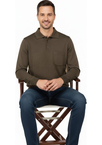Erkek Uzun Kollu Polo Yaka Düz Renk Klasik Model Cepli Rahat Kesim Tam Kalıp Yünlü Dokuma Kazak fiyatları