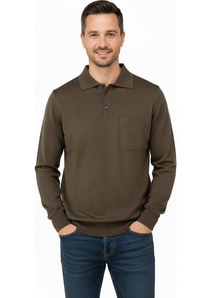 Erkek Uzun Kollu Polo Yaka Düz Renk Klasik Model Cepli Rahat Kesim Tam Kalıp Yünlü Dokuma Kazak modelleri