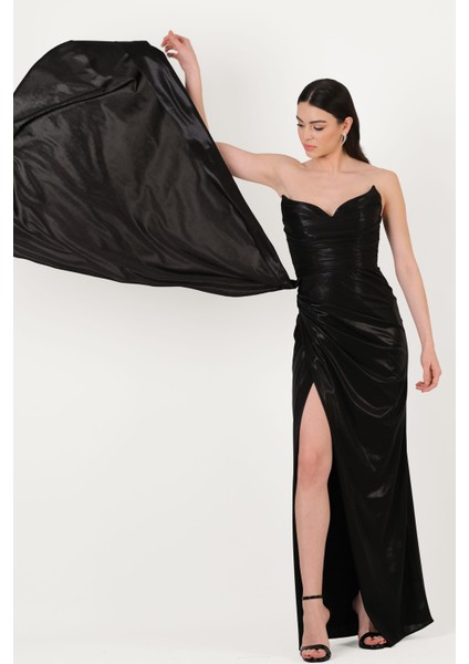 Odobella Kalp Yaka Straplez Anvelop Uzun Abiye Elbise Siyah