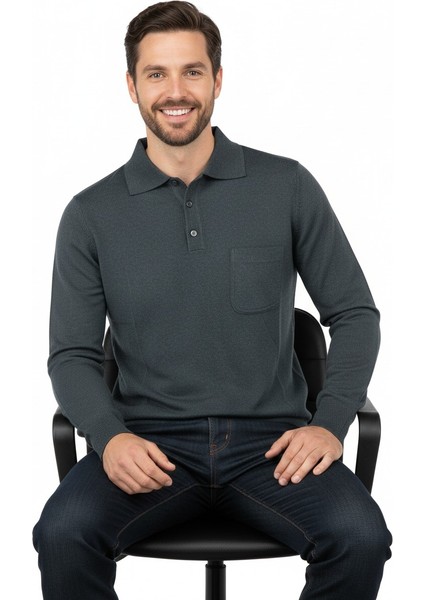 Erkek Kışlık Düz Renk Rahat Kesim Cepli Gömlek Yaka Ince Yün Kazak indirimleri