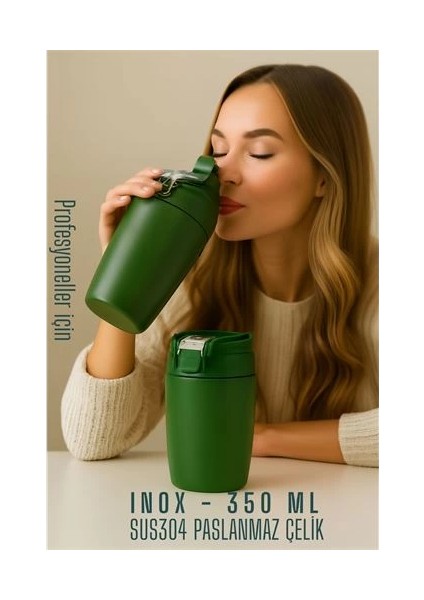 Bfs Inox Çelik Kahve Bardağı - 350 ml SUS304 Çelik Termos Profesyonel Yeşil