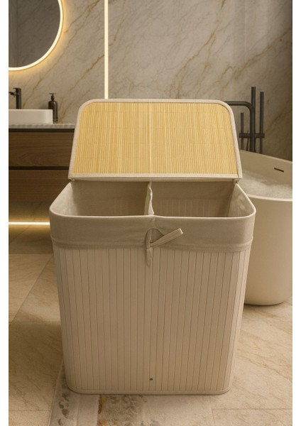 Lüks Çift Bölmeli Beyaz Bambu Çamaşır Sepeti Büyük Boy 100 Litre