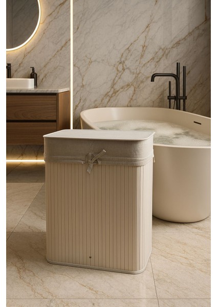 Lüks Çift Bölmeli Beyaz Bambu Çamaşır Sepeti Büyük Boy 100 Litre fiyatları