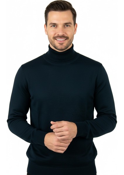 Erkek Uzun Kollu Tam Boğazlı Yaka Klasik Model Rahat Kesim Tam Kalıp Yünlü Dokuma Kazak