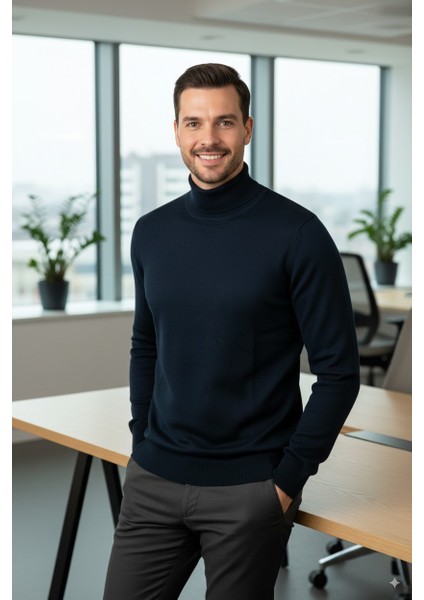 Erkek Uzun Kollu Tam Boğazlı Yaka Klasik Model Rahat Kesim Tam Kalıp Yünlü Dokuma Kazak indirimleri