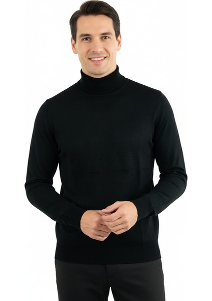 Erkek Uzun Kollu Tam Boğazlı Yaka Klasik Model Rahat Kesim Tam Kalıp Yünlü Dokuma Kazak