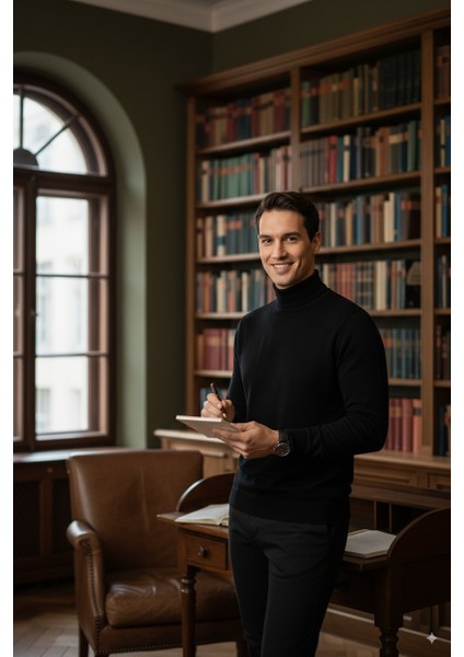 Erkek Uzun Kollu Tam Boğazlı Yaka Klasik Model Rahat Kesim Tam Kalıp Yünlü Dokuma Kazak fırsatları