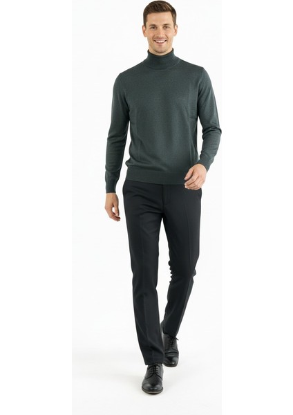 Erkek Uzun Kollu Tam Boğazlı Yaka Klasik Model Rahat Kesim Tam Kalıp Yünlü Dokuma Kazak