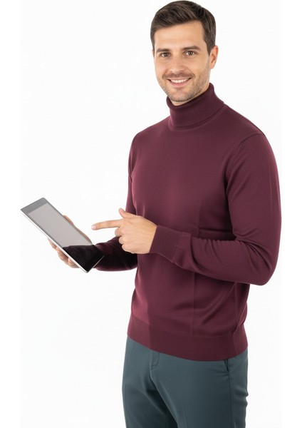 Erkek Uzun Kollu Tam Boğazlı Yaka Klasik Model Rahat Kesim Tam Kalıp Yünlü Dokuma Kazak