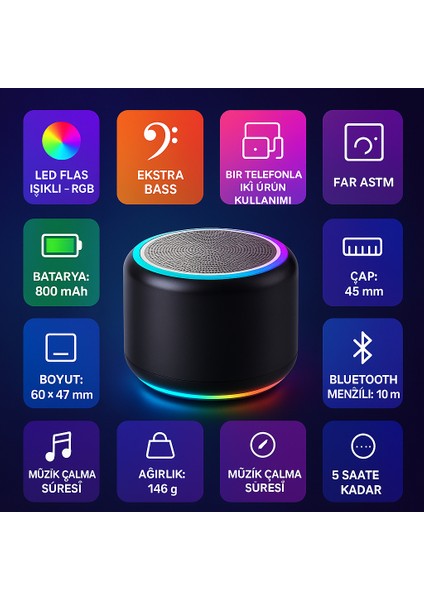 Samsung Galaxy S23 Uyumlu Bluetooth Hoparlör Ekstra Bass, LED Işıklı, Taşınabilir Mini Hoparlör