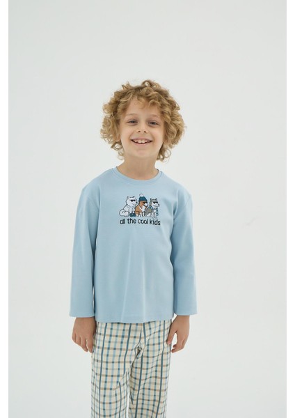 Erkek Çocuk Desenli Uzun Kollu Ekose Alt Pijama Takımı C4T1N98