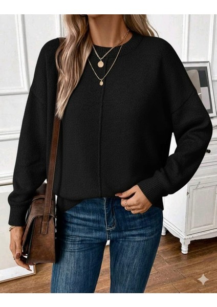 Bisiklet Yaka Uzun Kollu Salaş Model Dokuma Detaylı Triko Kazak