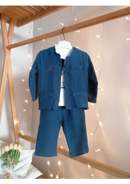 %100 Pamuk Çift Kat Müslin Erkek Bebek Takım