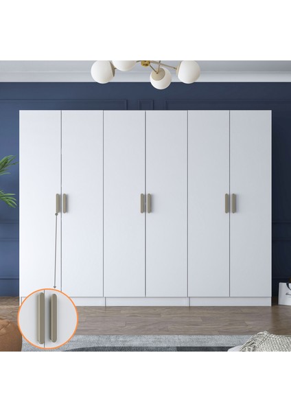 BA158 Geniş Gardırop Elbise Dolabı 6 Kapaklı 2 Çekmeceli 6 Raflı 3 Askılı Modüler Dolap Beyaz