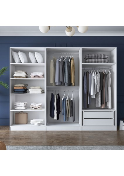 BA158 Geniş Gardırop Elbise Dolabı 6 Kapaklı 2 Çekmeceli 6 Raflı 3 Askılı Modüler Dolap Beyaz modelleri