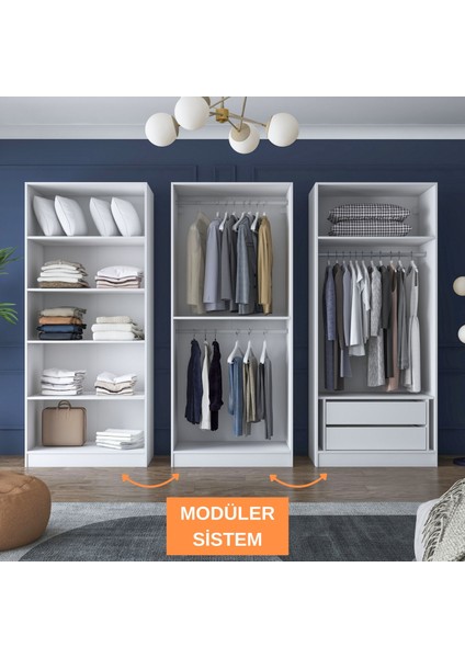 BA158 Geniş Gardırop Elbise Dolabı 6 Kapaklı 2 Çekmeceli 6 Raflı 3 Askılı Modüler Dolap Beyaz fırsatları