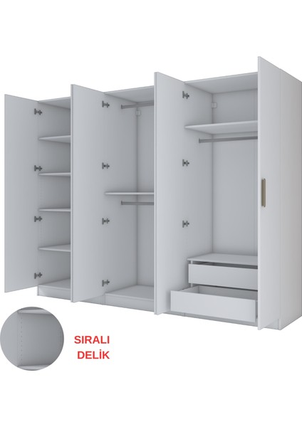 BA158 Geniş Gardırop Elbise Dolabı 6 Kapaklı 2 Çekmeceli 6 Raflı 3 Askılı Modüler Dolap Beyaz indirimleri