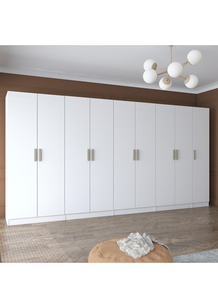 BA154 Geniş Gardırop Elbise Dolabı 9 Kapaklı 2 Çekmeceli 14 Raflı 5 Askılı Modüler Dolap Beyaz