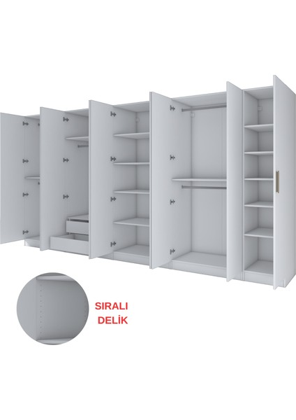 BA154 Geniş Gardırop Elbise Dolabı 9 Kapaklı 2 Çekmeceli 14 Raflı 5 Askılı Modüler Dolap Beyaz indirimleri